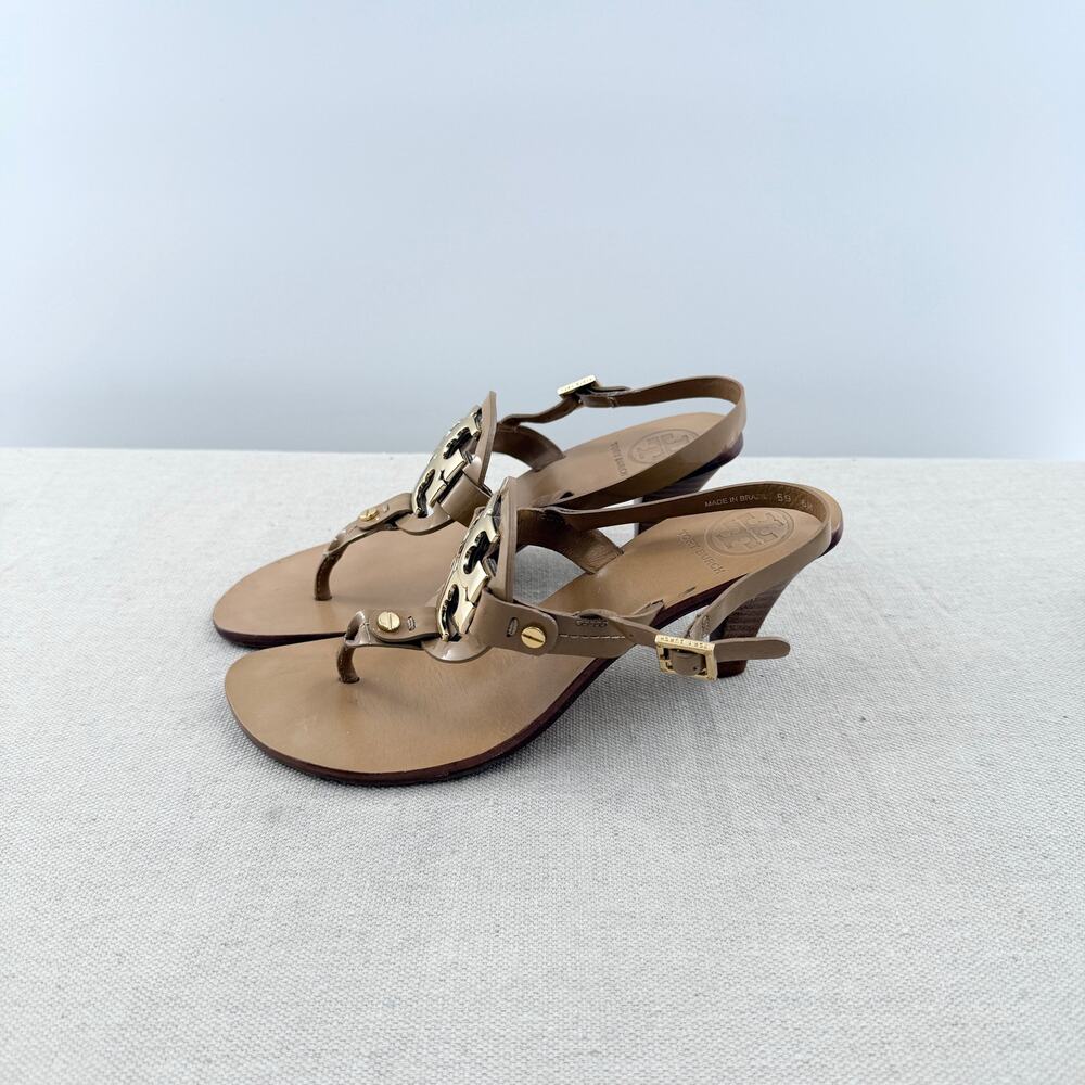 Tory Burch Leather Mid-Heel Thong Sandals with Metallic Logo Beige Women's US 6